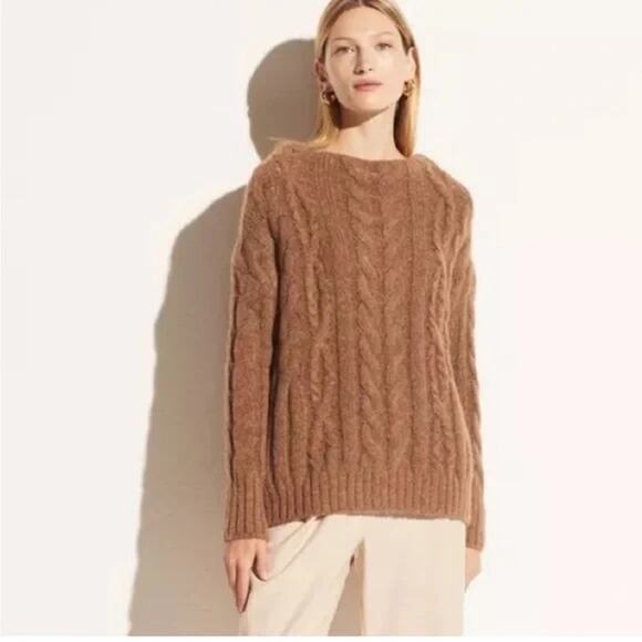 VINCE Braided Cable Funnel Neck Sweater Camel Tan Size XS Alpaca Fisherman - Picture 1 of 8